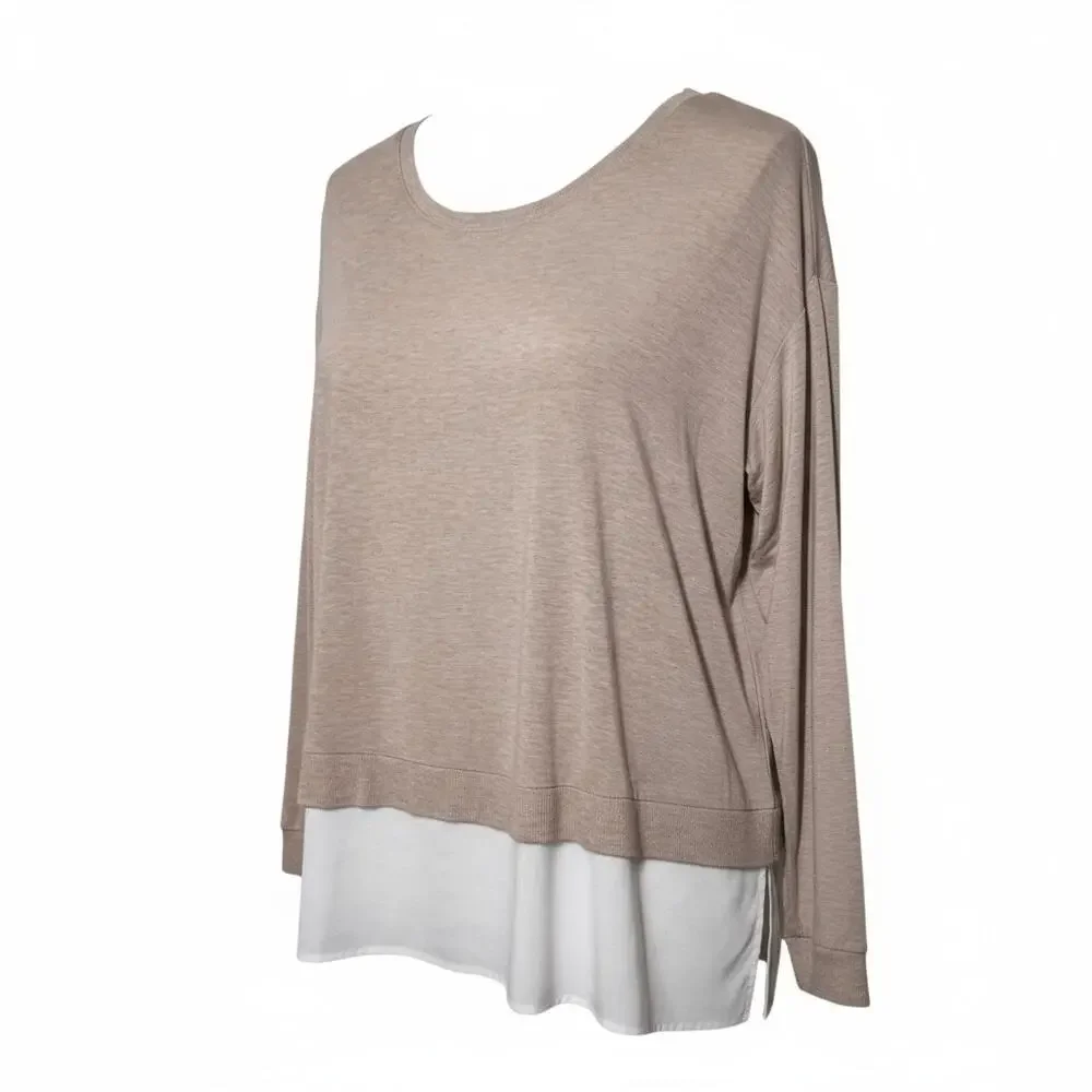CALVIN KLEIN LAGON LOOK LONG SLEEVE SPLIT BACK TOP CREAM AND WHITE SIZE S